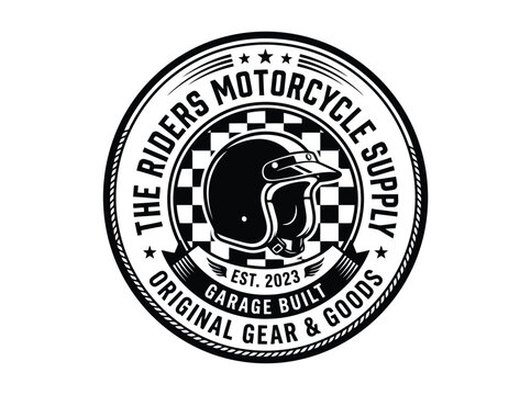 Circular vintage motorcycle logo featuring a retro full face helmet with a checkerboard background and bold typography for a garage built gear and goods company