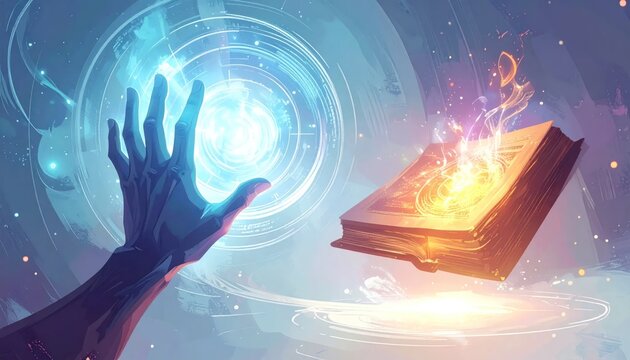 Mystic hand reaching for glowing book.