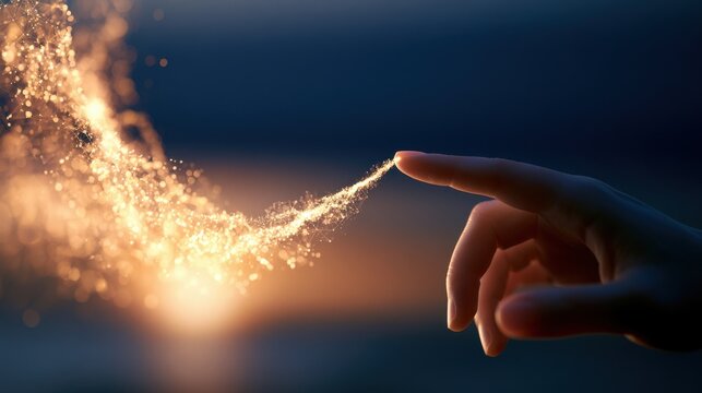 A human fingertip touches an ethereal stream of glowing, sparkling particles against a dark, mystical background. Perfect for concepts of magic, technology, energy, or digital.