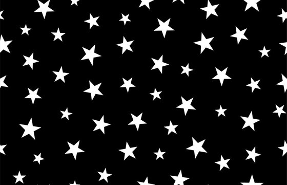 Star pattern. Vector seamless pattern with scattered white stars on black background. Monochrome graphic print for fabric and more.