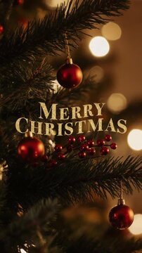 Merry Christmas Greeting Card on traditional garland decorated tree branch background AI Generative