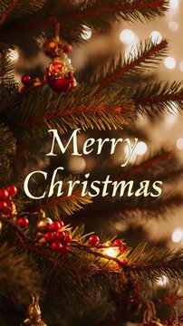 Merry Christmas Greeting Card on traditional garland decorated tree branch background AI Generative