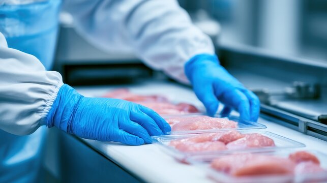 A gloved worker handles raw chicken breasts on a cleanroom conveyor belt in a food processing plant. Great for food safety and meat industry themes.