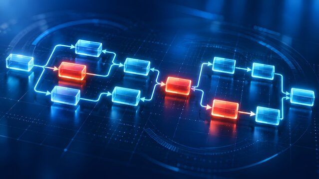 Glowing 3D flowchart diagram with red highlighted critical path blocks representing process optimization workflow analysis and bottleneck identification