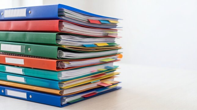 Stack of Colorful Binders with Documents and Tabs on a White Surface.