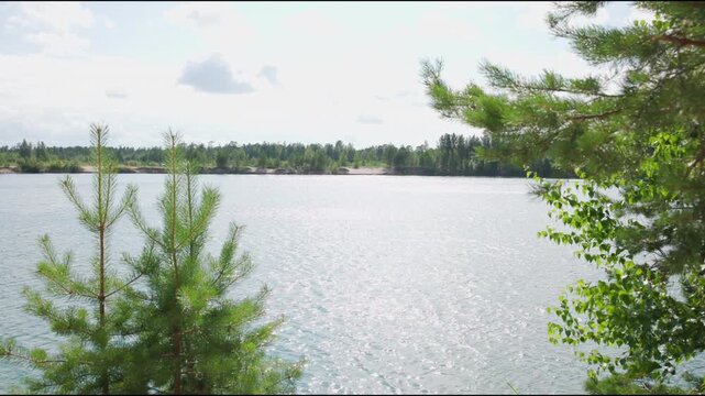 Sunlit freshwater lake bordered by pine trees as changing sunlight glitters across calm water surface with gentle ripples and forest reflections from shore viewpoint