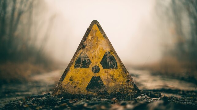 A weathered yellow radioactive hazard sign stands on a gloomy, murky forest floor. This image conveys environmental danger and contamination warnings.