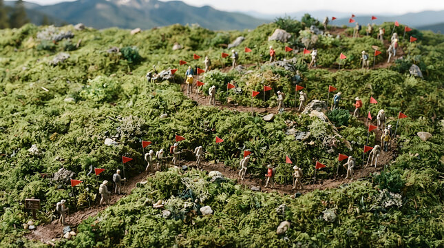 Miniature hikers walking on a winding mountain trail route marked with red flags macro photography