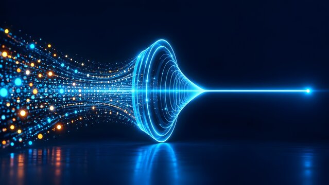 Abstract digital data stream compressing into a singular optical beam representing high speed internet and network optimization