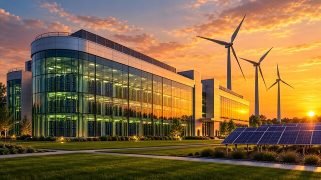 Modern eco friendly data center building powered by renewable solar panels and wind turbines during a golden sunset
