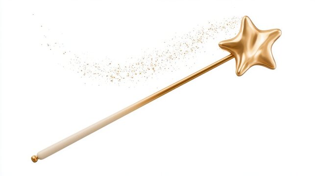 A golden star magic wand with a sparkling glitter trail, isolated on white background. It represents wishes, dreams, imagination, or enchantment.