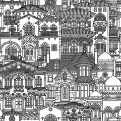 Obraz premium Black and white seamless pattern with town houses and roofs for coloring book or paper cut. European street architecture vector background texture.