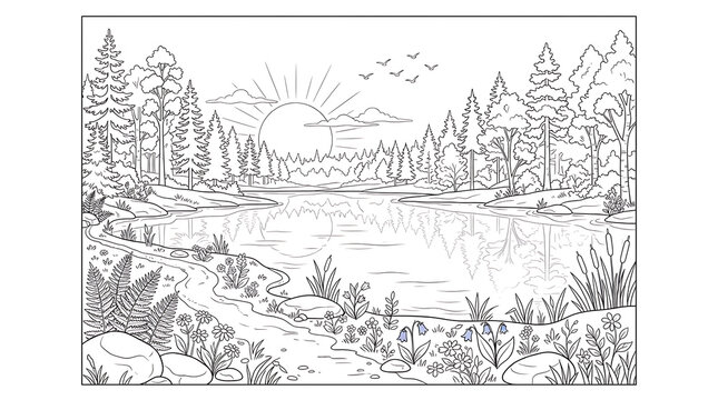 Serene lakeside landscape with forest and mountains in black and white