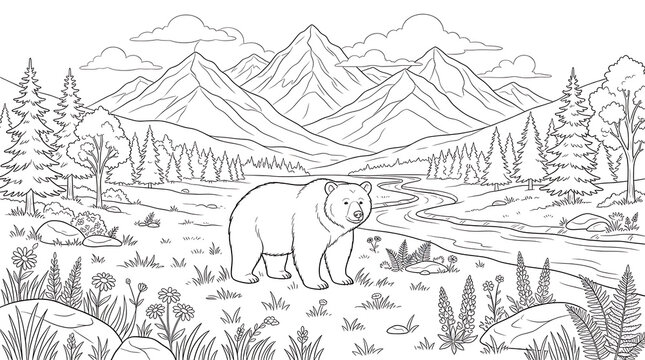 Detailed line art illustration of a bear in a mountain wilderness scene