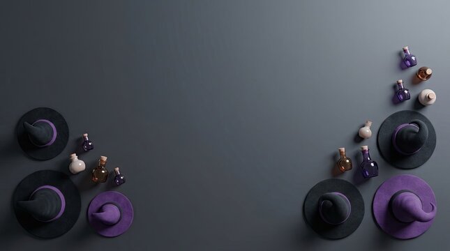 A darkly elegant halloween still life featuring hats flowers and mysterious objects in shades of purple and black