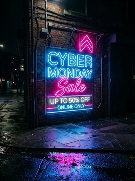Neon cyber monday sale sign on a dark brick wall at night with wet pavement reflection in an urban city street setting