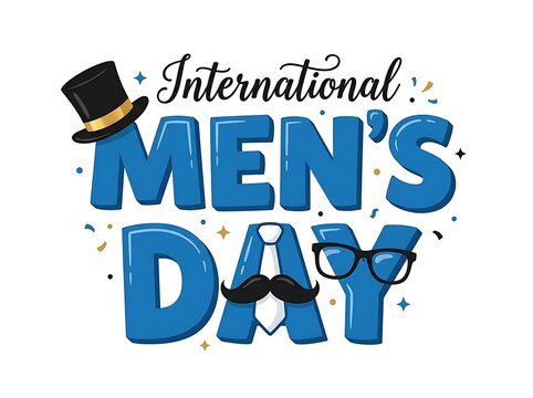 International mens day greeting card design with blue typography, top hat, mustache, tie, and glasses isolated on white background