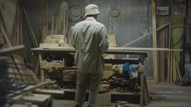 Rear view woodworker at cluttered workbench inspecting handheld sander beside stacked planed planks and wooden offcuts in dim industrial workshop with peeling wall paint