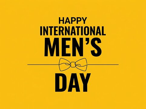 Happy international mens day greeting card design with a minimalist line art bow tie illustration on a vibrant yellow background
