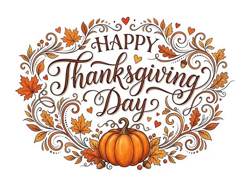 Happy thanksgiving day greeting card design with handdrawn calligraphy lettering, autumn leaves, pumpkin, and decorative floral swirls isolated on white background
