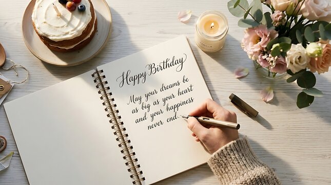 Handwriting a heartfelt birthday message in a notebook with a cake, candle, and flowers on a wooden table, top view