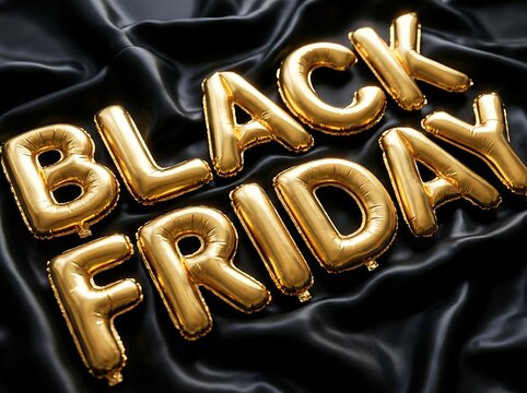 Gold foil balloons spelling black friday on a luxurious black silk fabric background, festive holiday shopping sale concept, high angle view