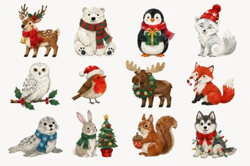 Fototapeta premium Festive watercolor woodland animals Christmas clipart collection