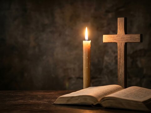 A wooden cross, an open bible, and a lit candle on a rustic wooden table against a dark, textured stone background, symbolizing faith and prayer