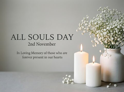 All souls day greeting card with white candles and babys breath flowers in a vase on a grey background, copy space for memorial message