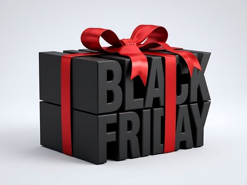 Black friday sale concept typography with red gift ribbon isolated on white background
