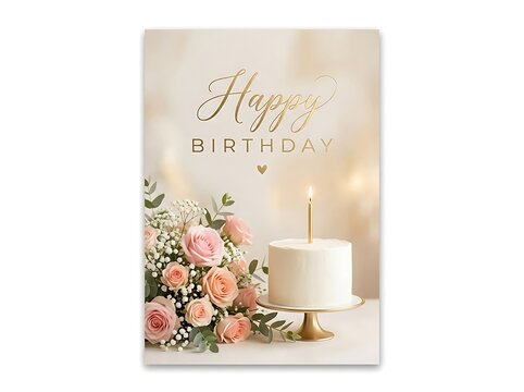 Elegant happy birthday greeting card featuring a frosted white cake with a single glowing candle and a beautiful arrangement of pink roses