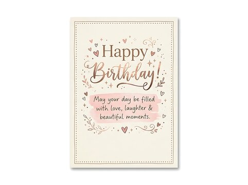 Elegant rose gold happy birthday greeting card with hearts and floral flourishes, isolated on white background