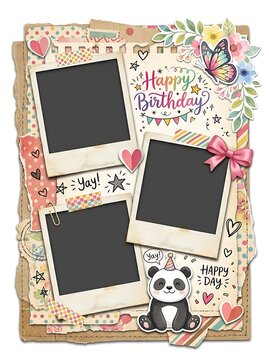 Birthday scrapbook frame with three empty photo placeholders, cute panda, butterfly, flowers, and decorative elements on a textured paper background