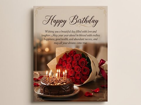 Happy birthday greeting card with a chocolate cake, lit candles, and a bouquet of red roses on a wooden table, elegant festive celebration design