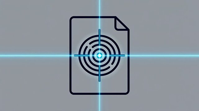 Simple icon of document page with target sight symbol in black on white background