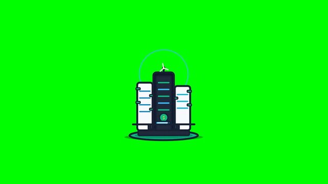 Breathtaking 4K flat vector commercial animation of a futuristic sustainable smart eco city featuring vertical forest architecture towers, rooftop spi.