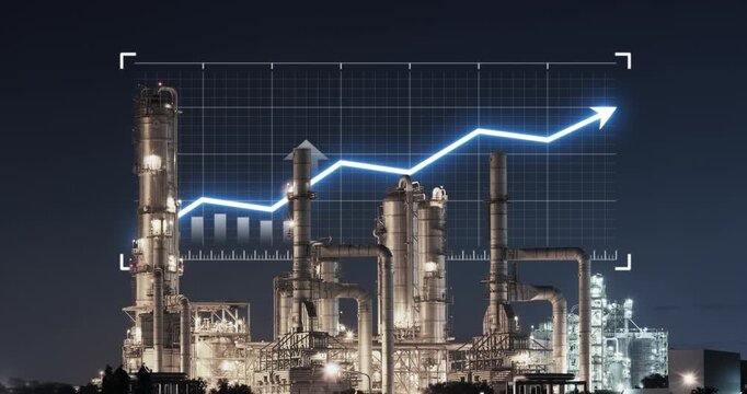 Looping footage of illuminated petrochemical plant in Map Ta Phut at night, with animated rising line graph, bars and arrows over plant towers, visualizing industrial growth and energy market trends.