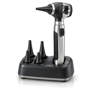 Professional otoscope diagnostic set featuring a handheld otoscope, interchangeable ear specula, and charging base for clinical examination.