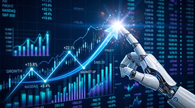 Robotic hand pointing at a glowing stock market growth chart and financial analytics, perfect for algorithmic trading and financial technology concepts.