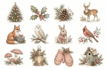 Fototapeta premium Watercolor woodland Christmas wildlife collection