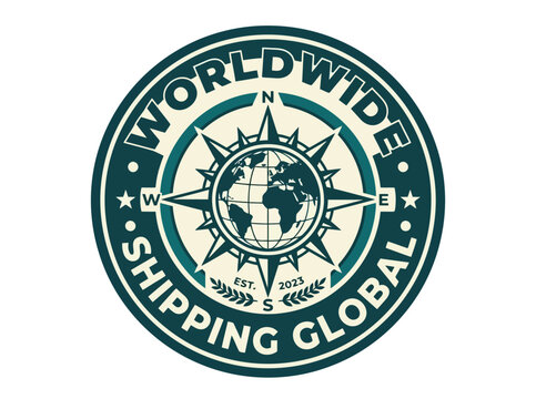 Circular vintage style global shipping logo featuring a teal and cream color palette with a central compass rose and a stylized world map on a white background