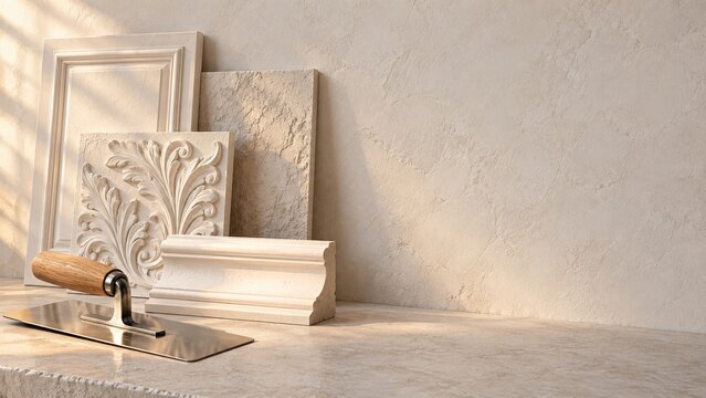 Decorative Plaster Relief Panels and Finishing Trowel on Cream Background