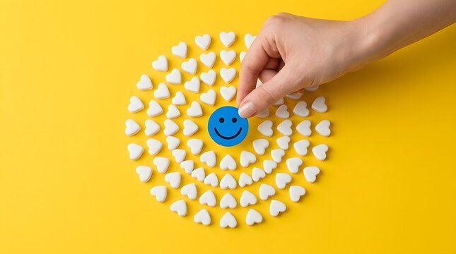 A hand carefully positions a blue smiley face button surrounded by white heart shaped pieces arranged in a spiral pattern on a vibrant yellow surface