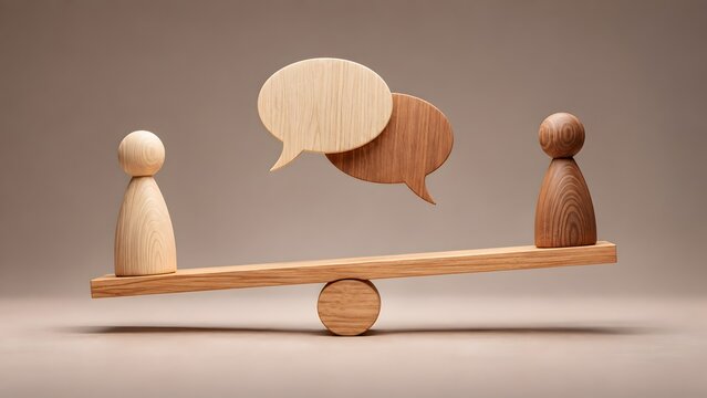 Balanced dialogue and conflict resolution represented by wooden figures with speech bubbles