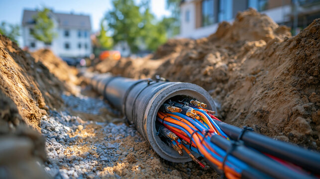 Wide view of a utility construction trench containing a long concrete cable duct with colorful electrical conduits running through the interior, neatly aligned pipes extending into the distance, exc