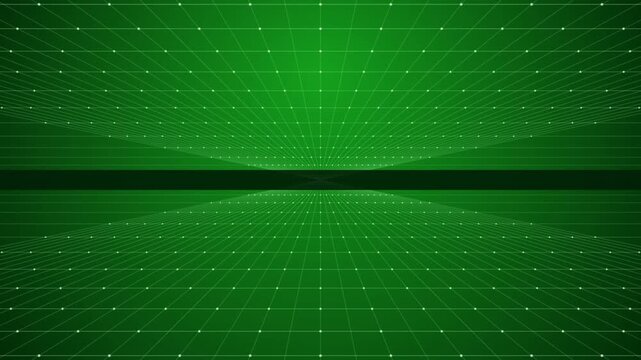 Futuristic green digital grid motion background video with glowing nodes and perspective lines stretching into infinity
