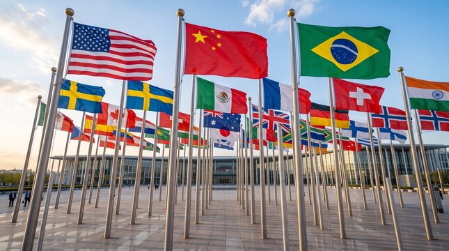 Many international national flags waving on flagpoles against a sunset sky with world flags international relations flags background foreign relations world events