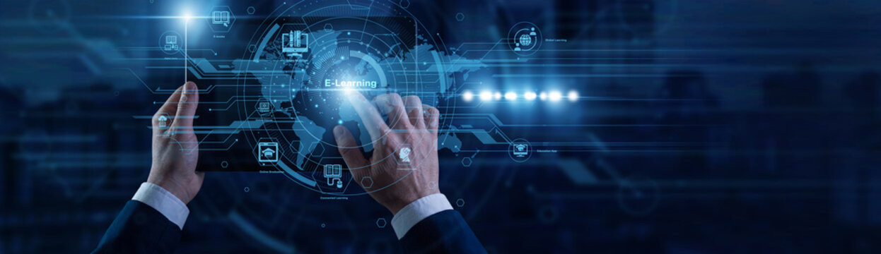 Online instructor touching the tablet managing distance education courses and digital skill certification on virtual screen connected to global network. E-learning portal solution.