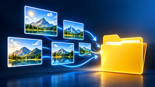 Multiple digital landscape images flowing into a glowing yellow folder illustrating batch processing and multimedia asset management