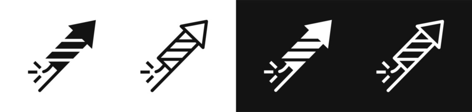 Firework rocket icon vector set, black and white pyro celebration symbols